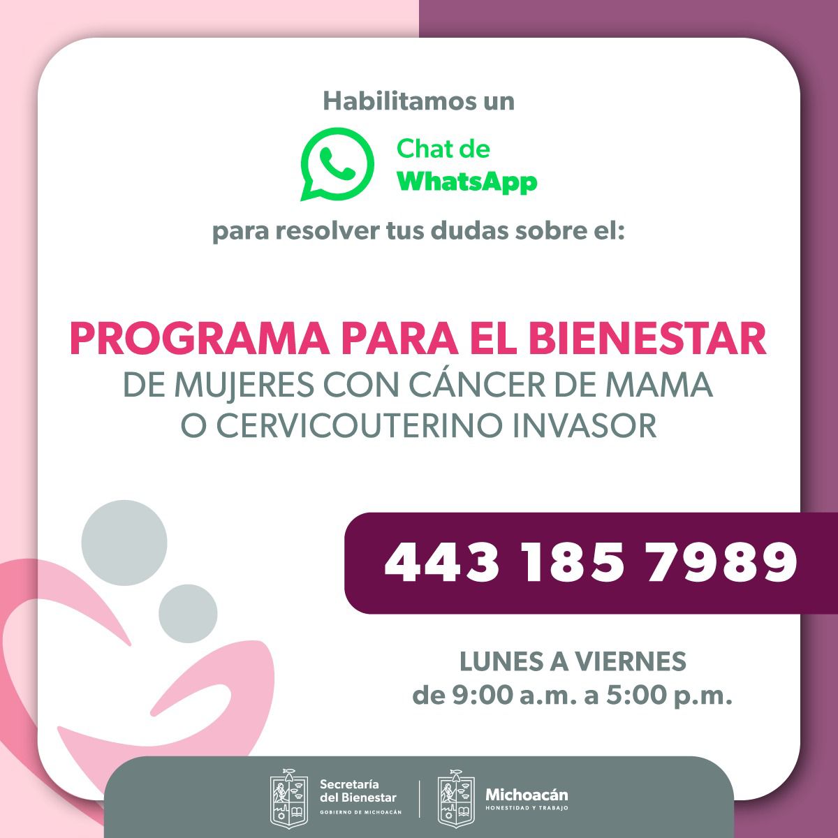 Ofrece Bienestar información por WhatsApp del programa mujeres con cáncer
