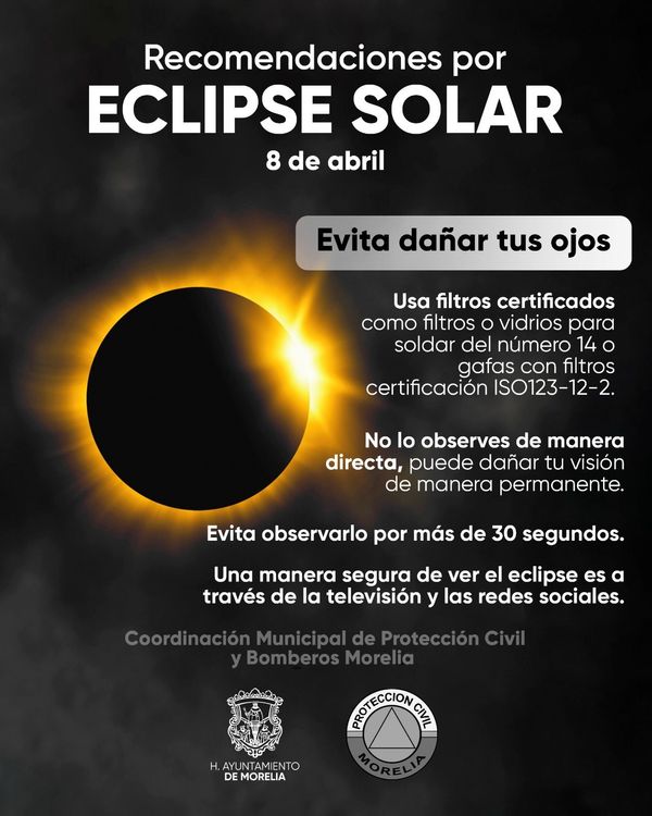 Ayuntamiento de Morelia emite recomendaciones para disfrutar eclipse solar
